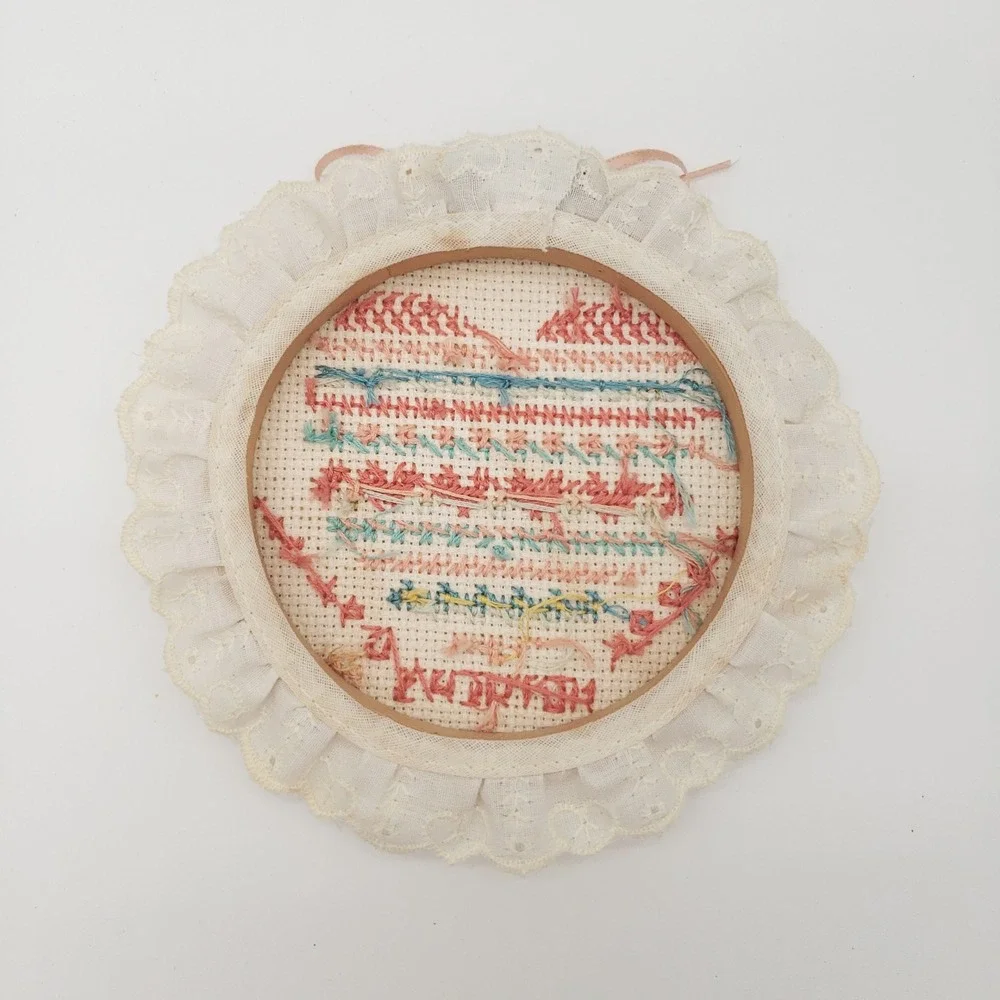 Vintage 1982 Mother's Day Cross Stitch Heart Wall Hanging Lace Cottagecore Decor